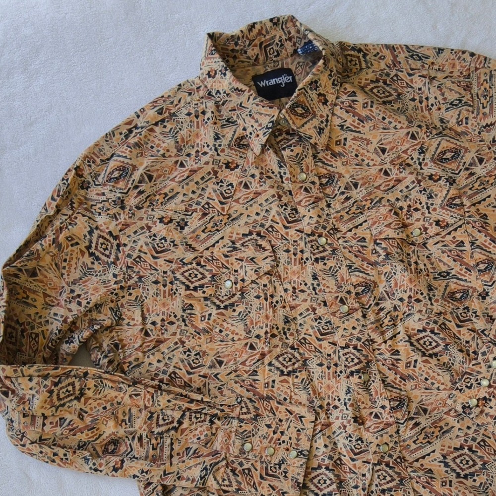 Wrangler Button Shirt Men Large Aztec Geometric Tribal Print Western Pearl Snaps